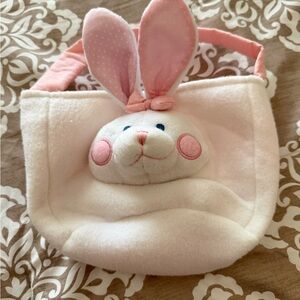 Cute White Bunny Plush Easter Basket with Pink Ears